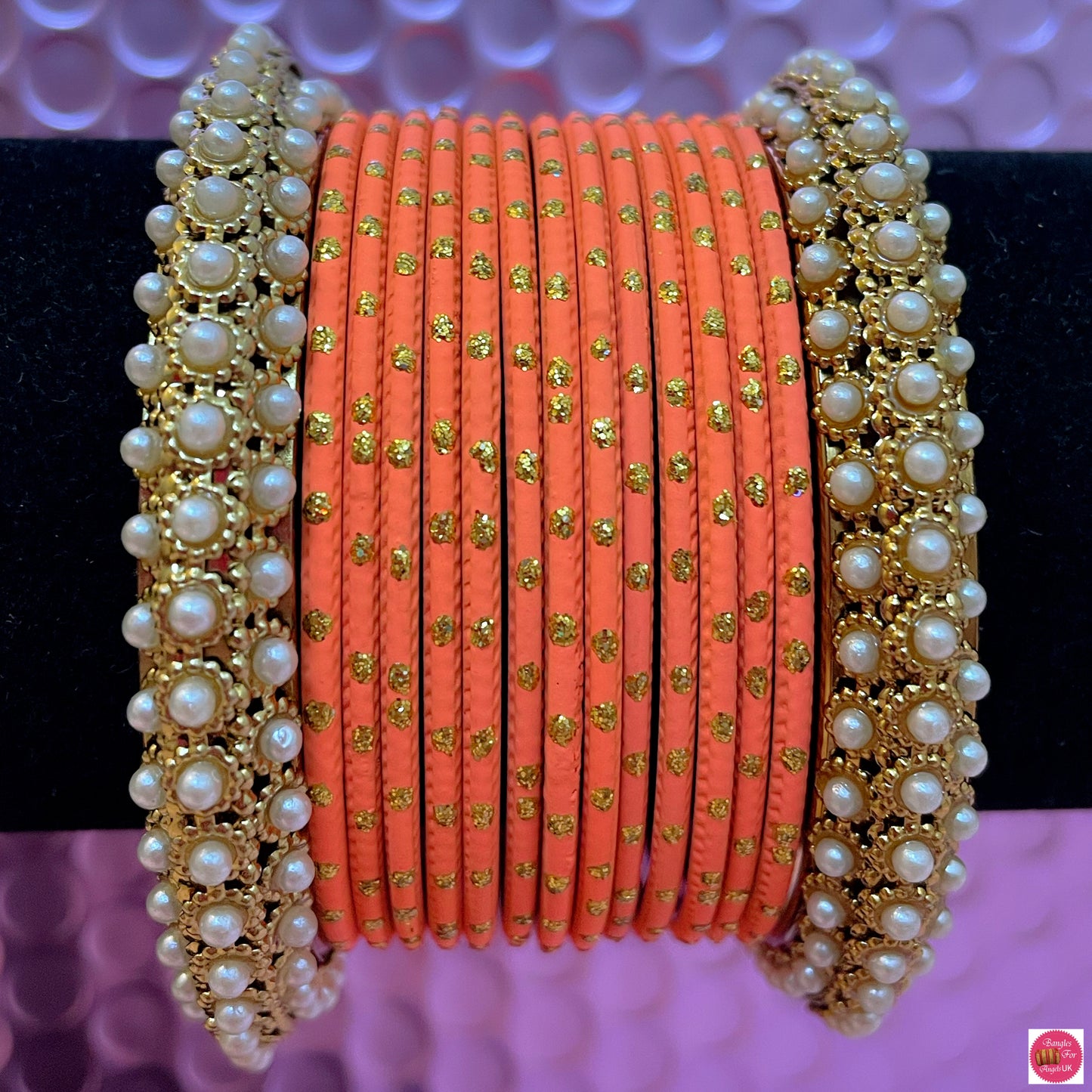 Pearl Metal Bangle Set- Coral/Orange