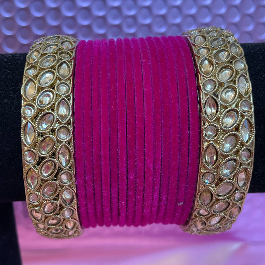 Kundan Velvet Metal Bangle Set- Hot Pink