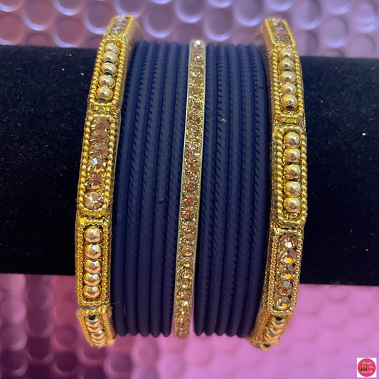 Gold & Navy Blue Metal Bangles Set