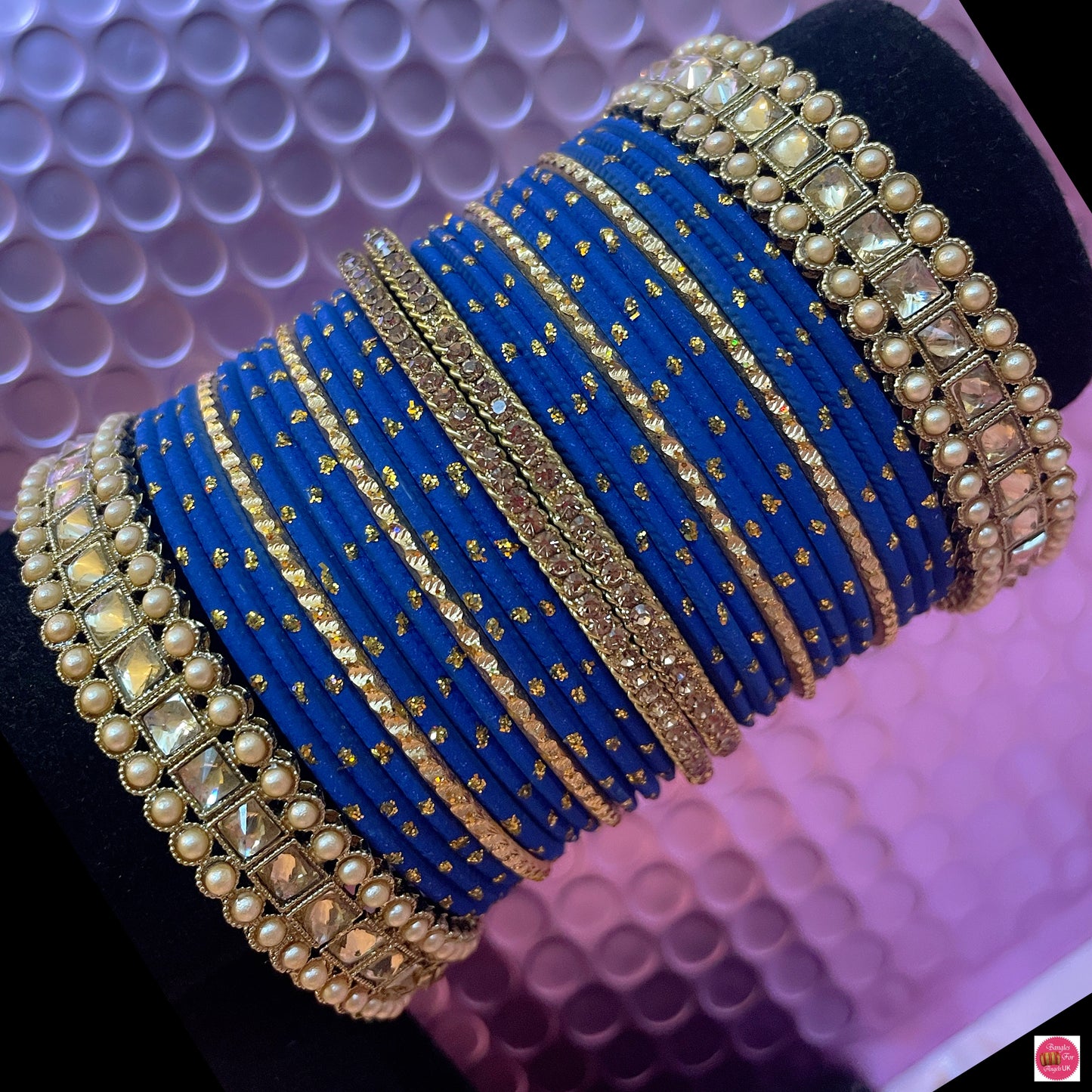 Kundan Pearl Metal Bangles Set- Blue