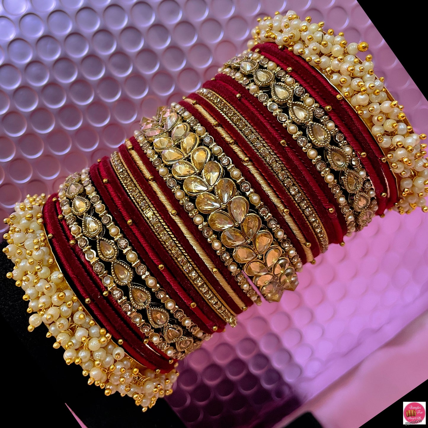 Pearl Kundan Velvet Metal Bridal Bangles Set- Maroon