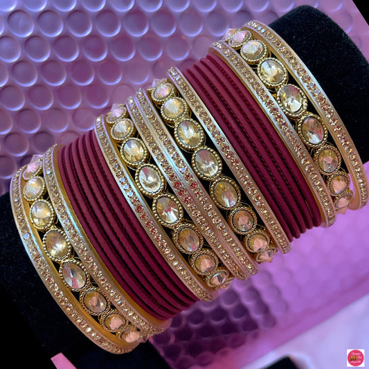 Kundan Metal Bangle Set- Maroon