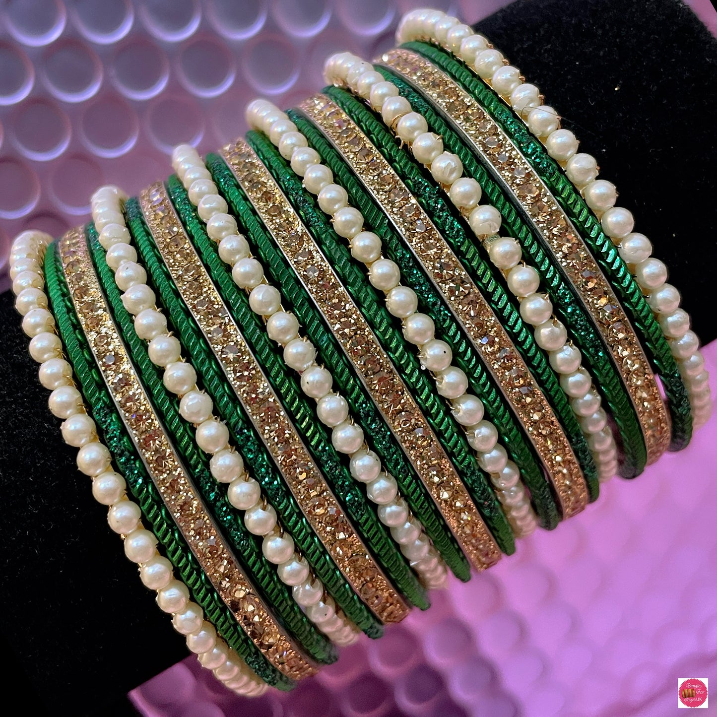 Pearl Metal Bangles Set- Green