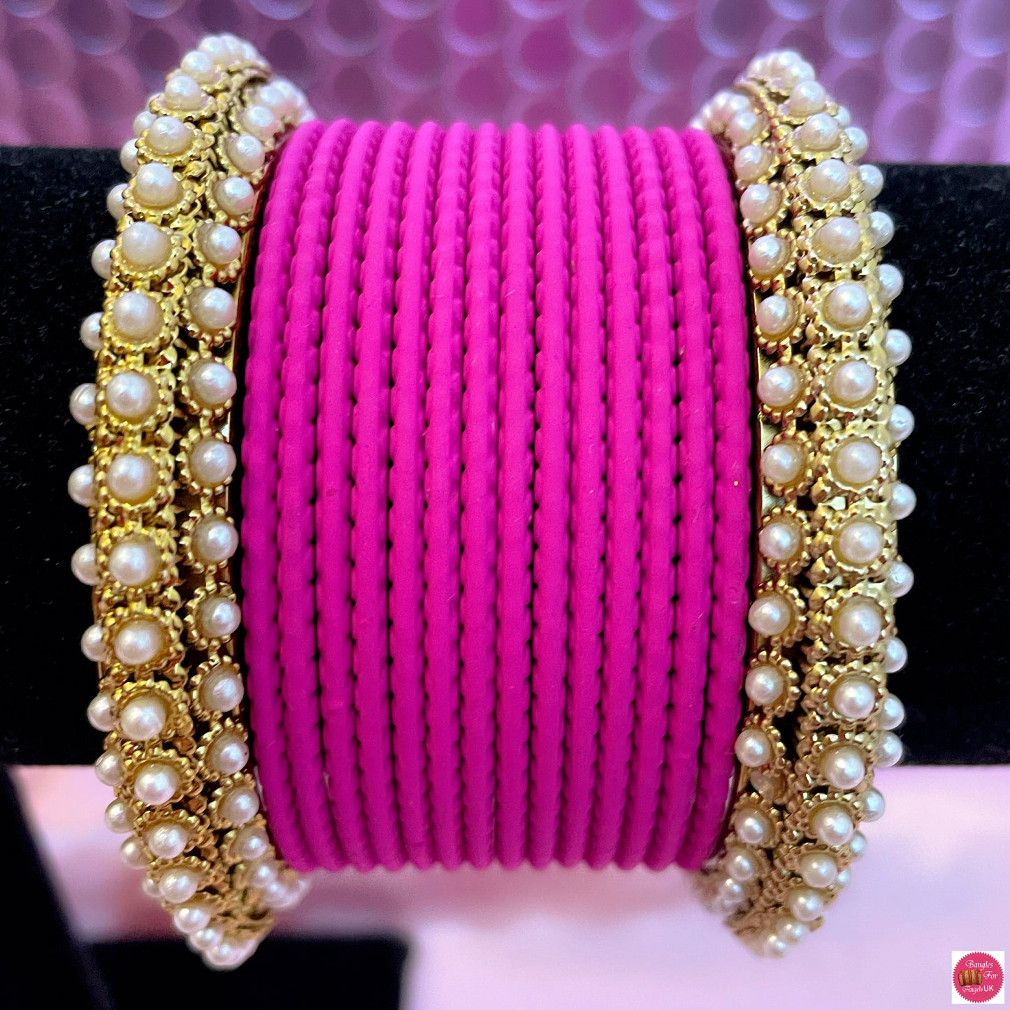 Pearl Metal Bangle Set- Hot Pink