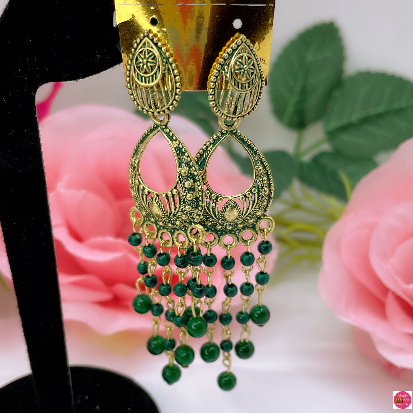 Gold Long Earings/Dangler- Green