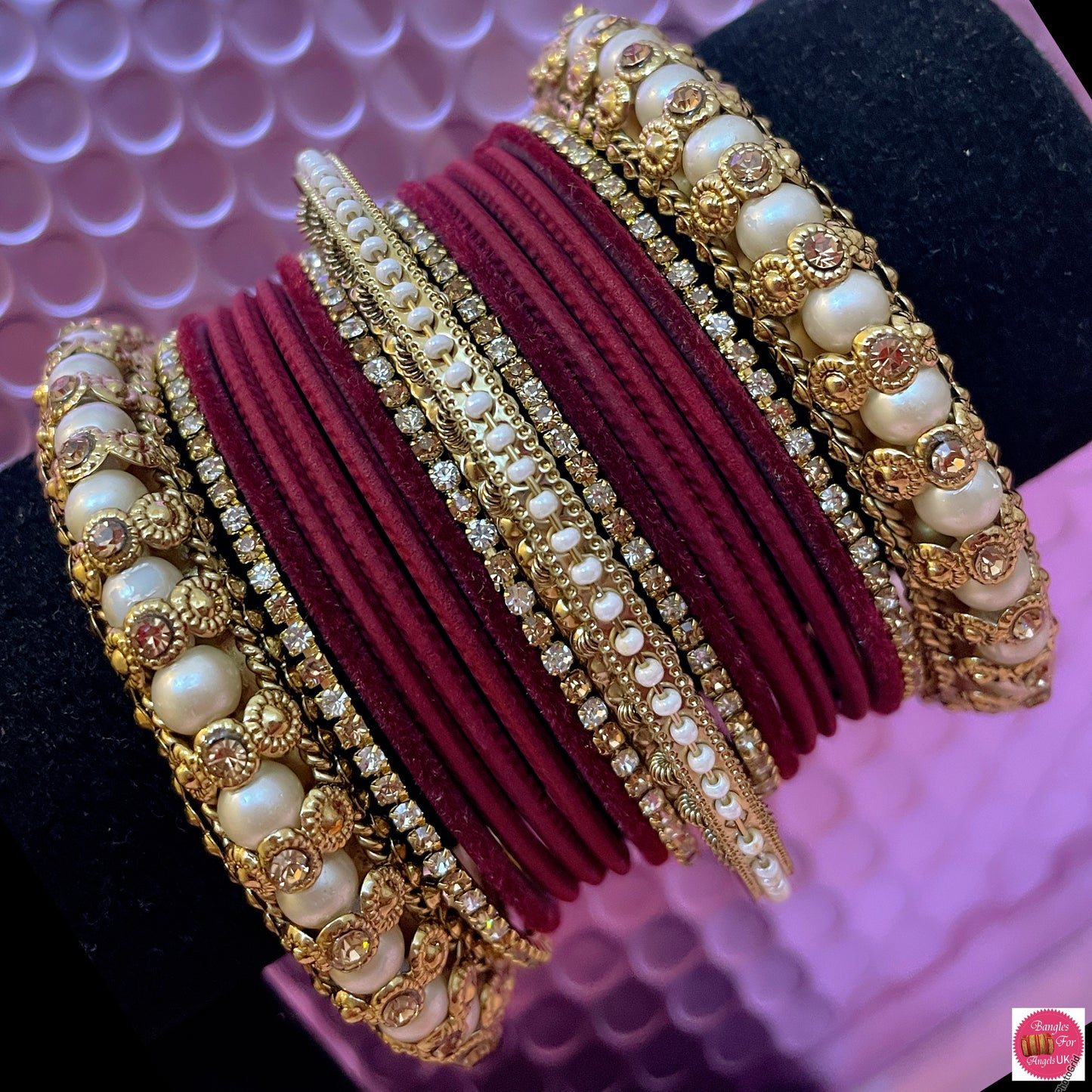 Pearl Zirconia Metal Bangles Set- Maroon