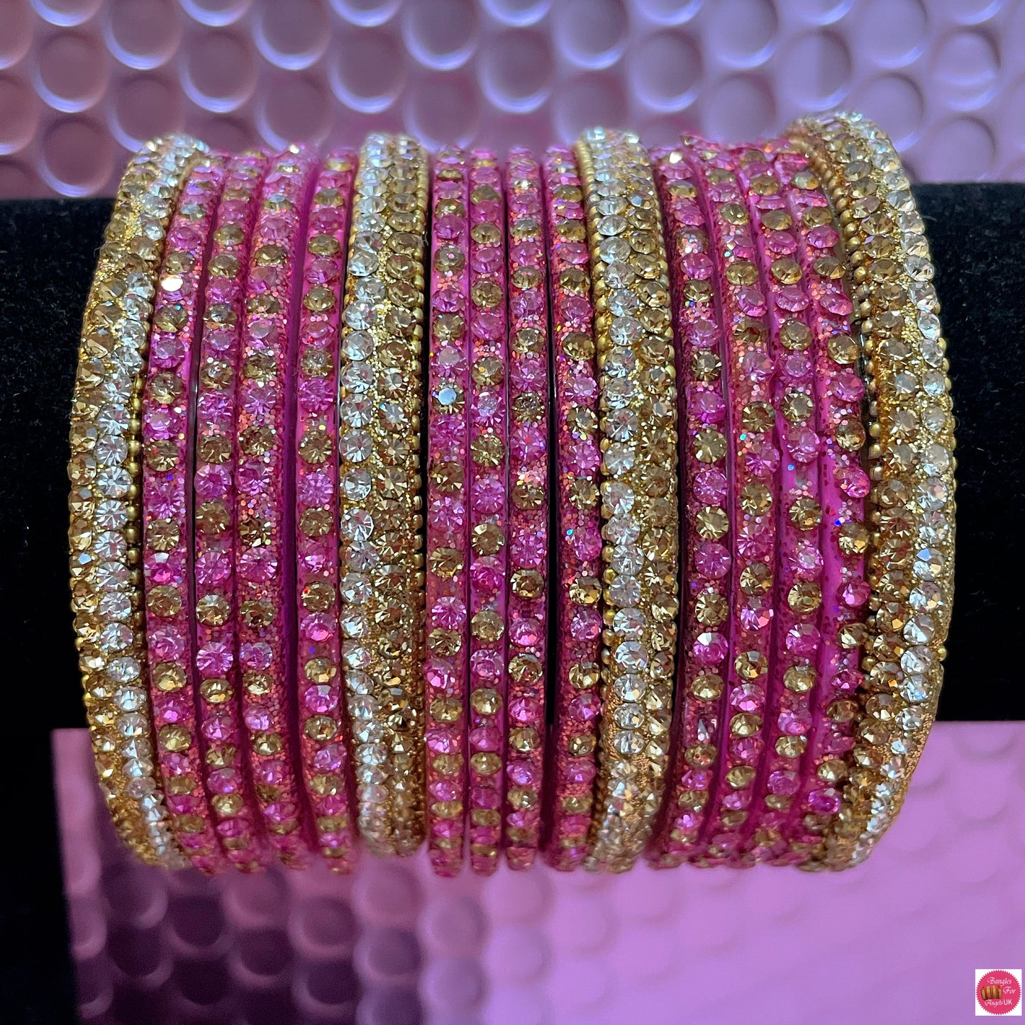 Pure Gold & Pink Glass Bangles Set- Size 2.6