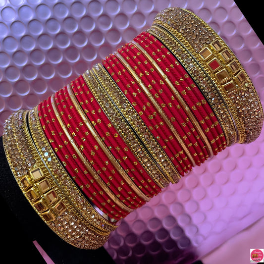 Kundan Gold & Red Metal Bangles Set- Size 2.10