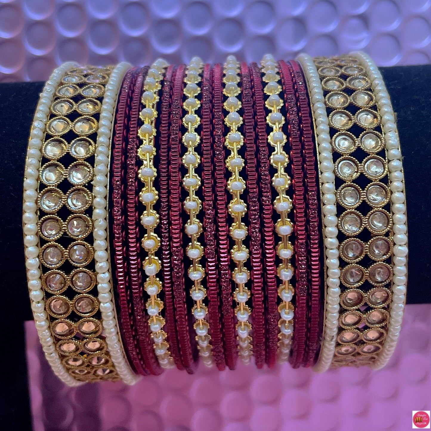 Kundan Pearl Metal Bangles Set- Maroon