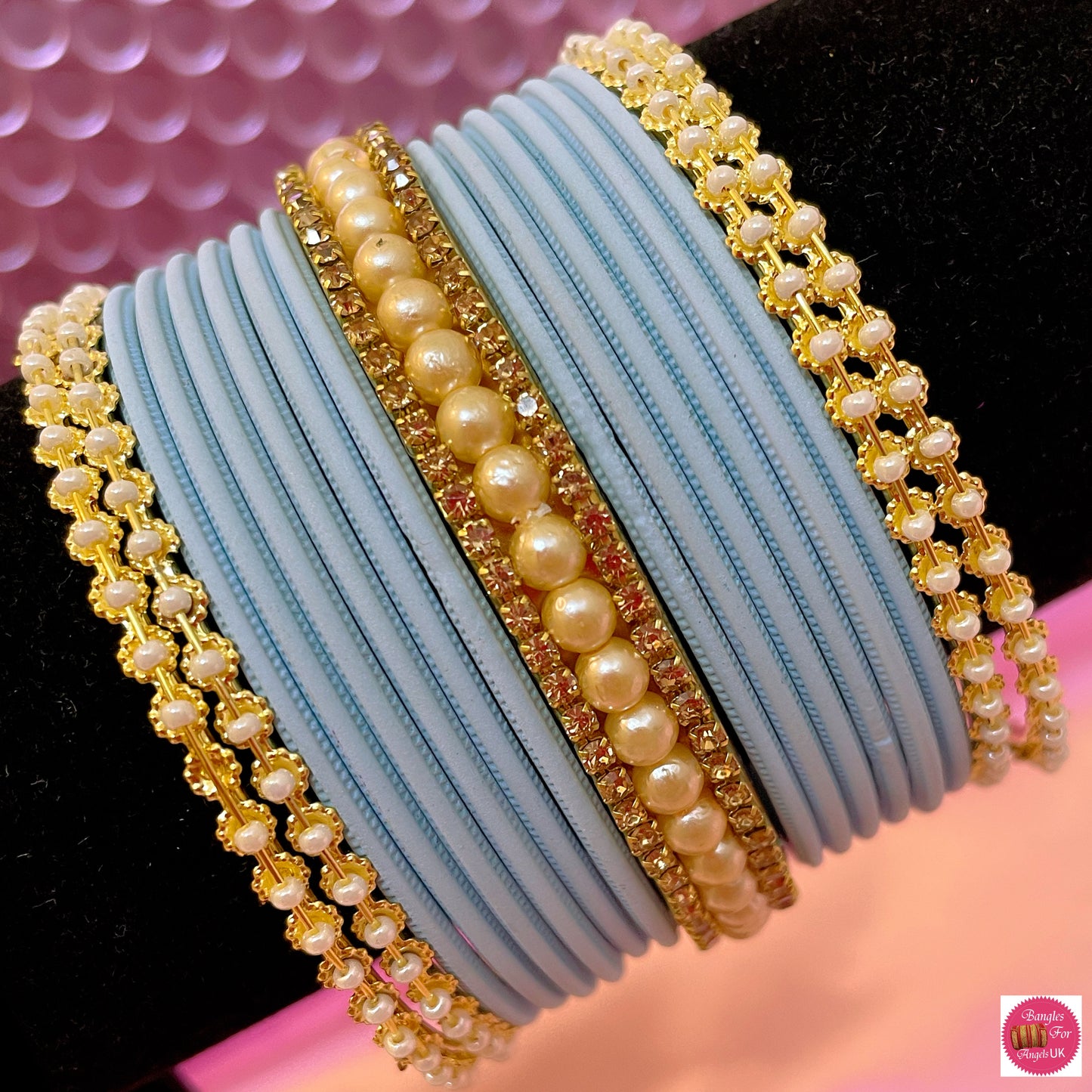 Pearl Zirconia Metal Bangle Set- Baby Blue