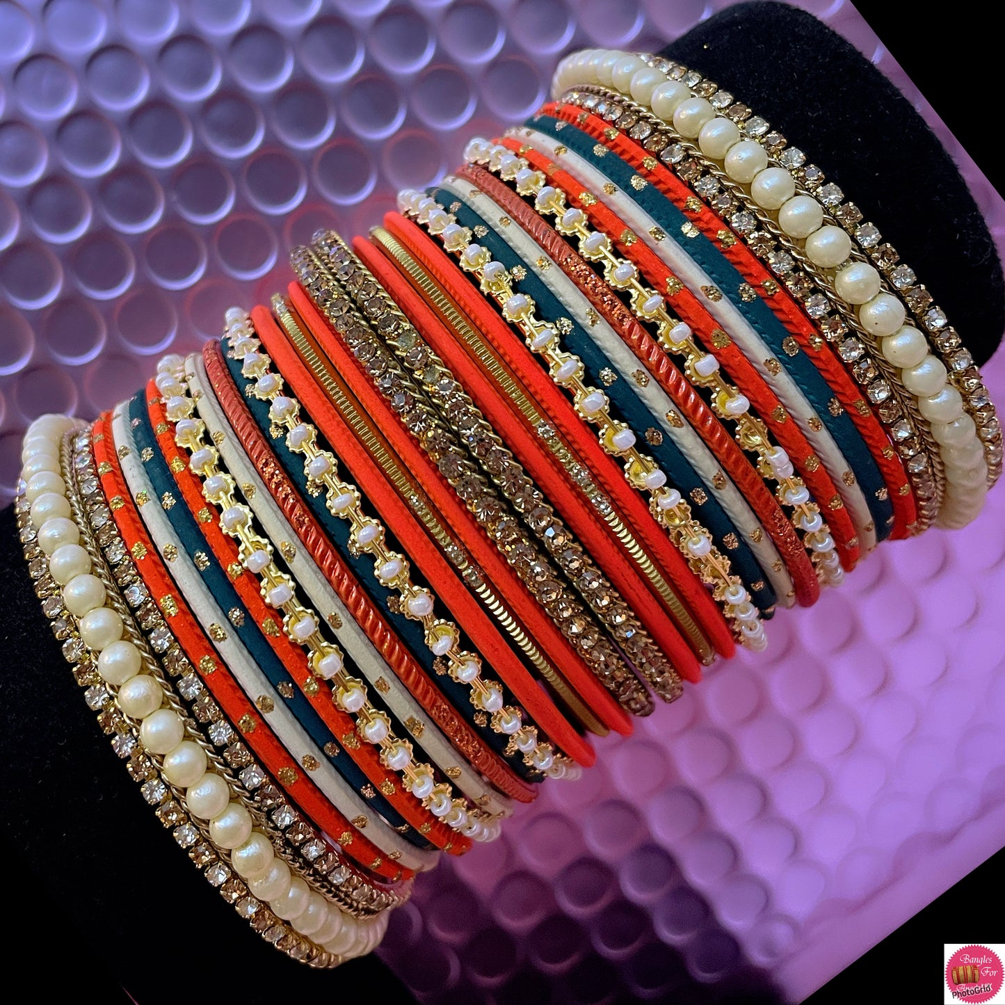 Multicoloured Pearl Zirconia Metal Bangles Set