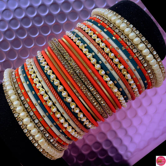 Multicoloured Pearl Zirconia Metal Bangles Set