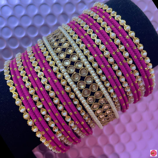 Pearl Metal Bangles Set- Hot Pink