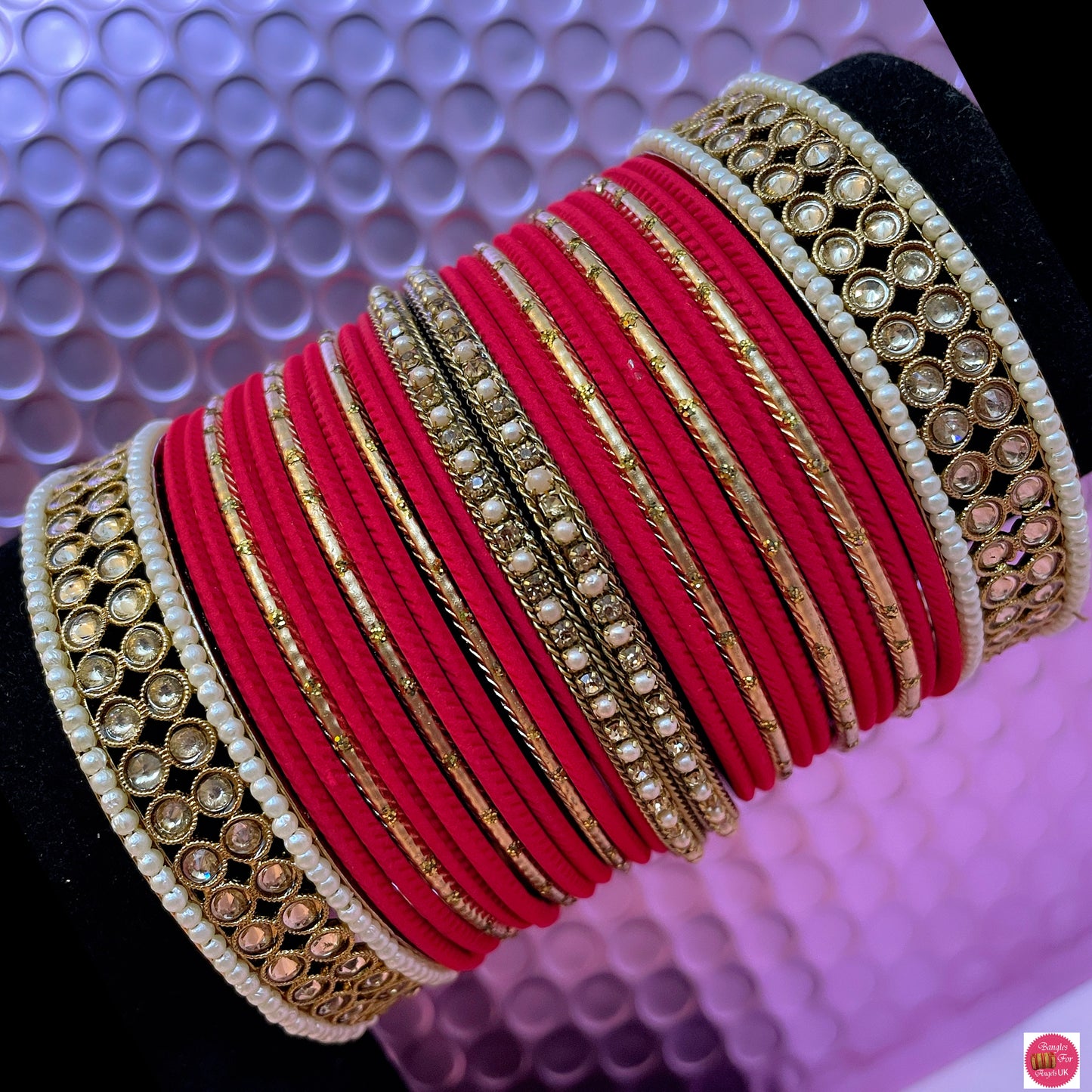 Kundan & Pearl Metal Bangle Set- Red