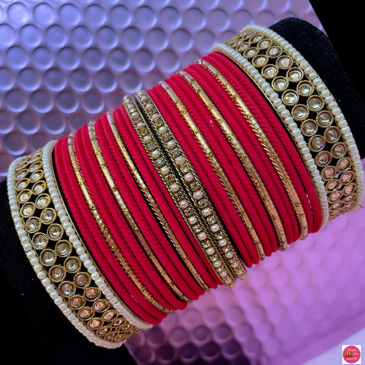 Kundan & Pearl Metal Bangle Set- Red