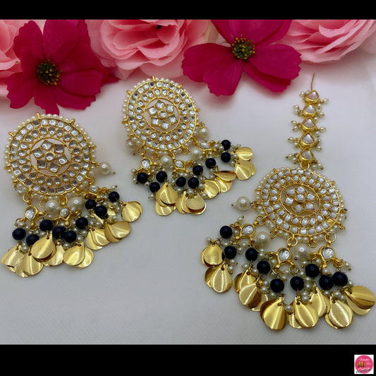 Pachhi Kundan Earings & Maang Tikka Set- Navy Blue