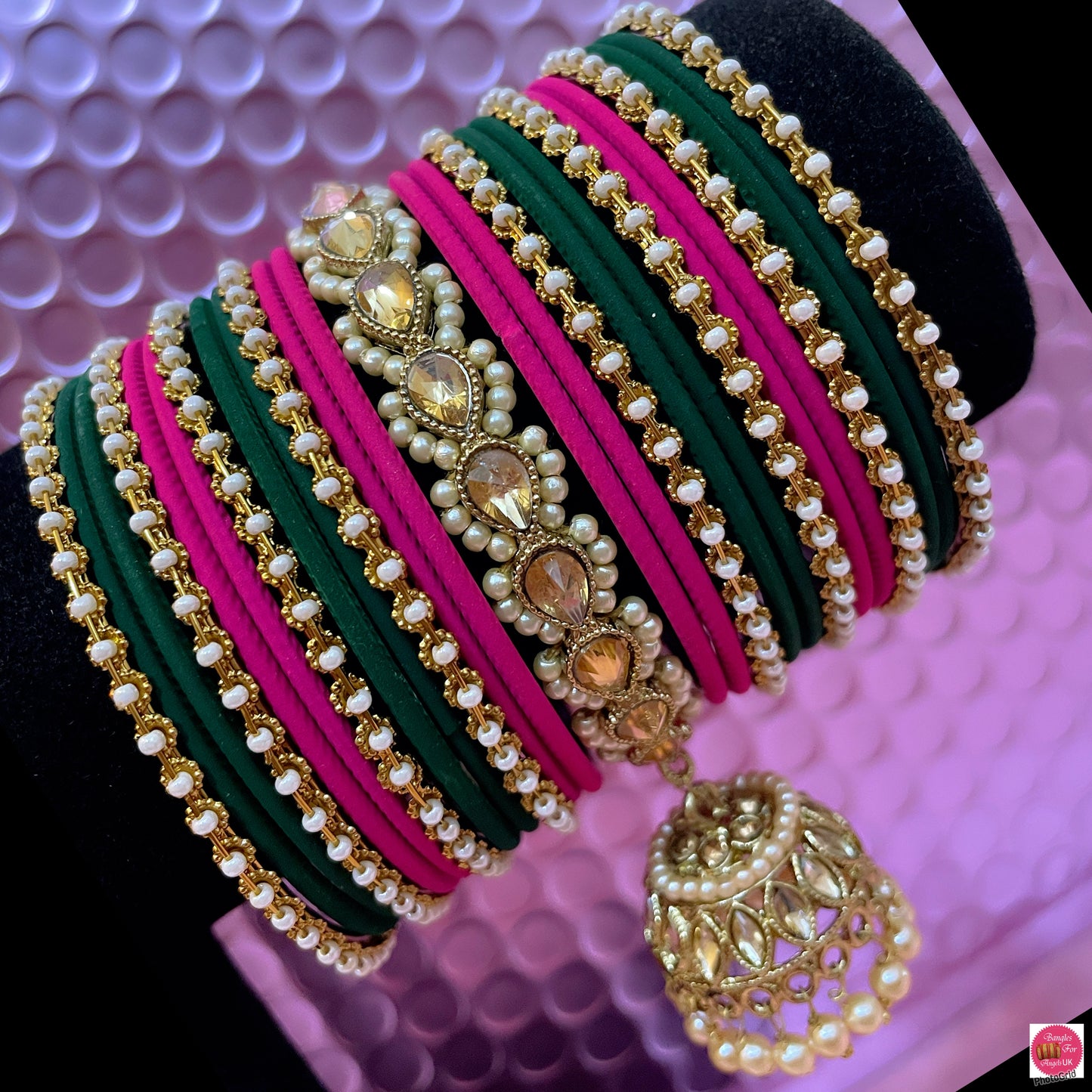 Kundan Pearl Hanging Metal Bangles Set- Hot Pink/Green