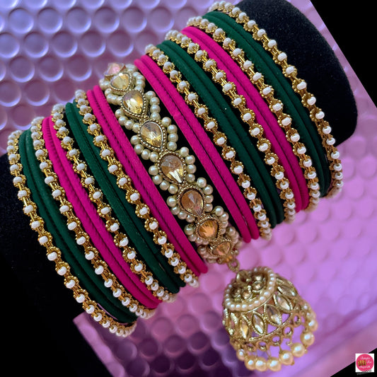 Kundan Pearl Hanging Metal Bangles Set- Hot Pink/Green