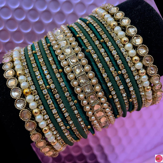 Pearl Kundan Zirconia Thread Bangle Set- Green