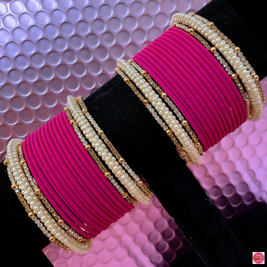 Pearl Zirconia Metal Bangles Set- Hot Pink