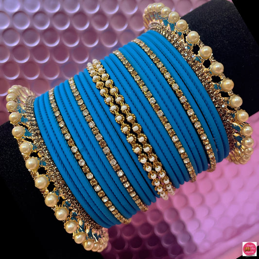 Pearl Gold Zirconia Metal Bangles Set- True Blue/Firozi