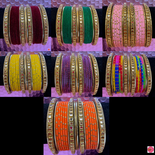 Kundan Metal Bangles Sets- Various Colours