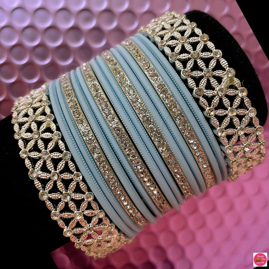 Silver Stone Metal Bangles Set- Baby Blue