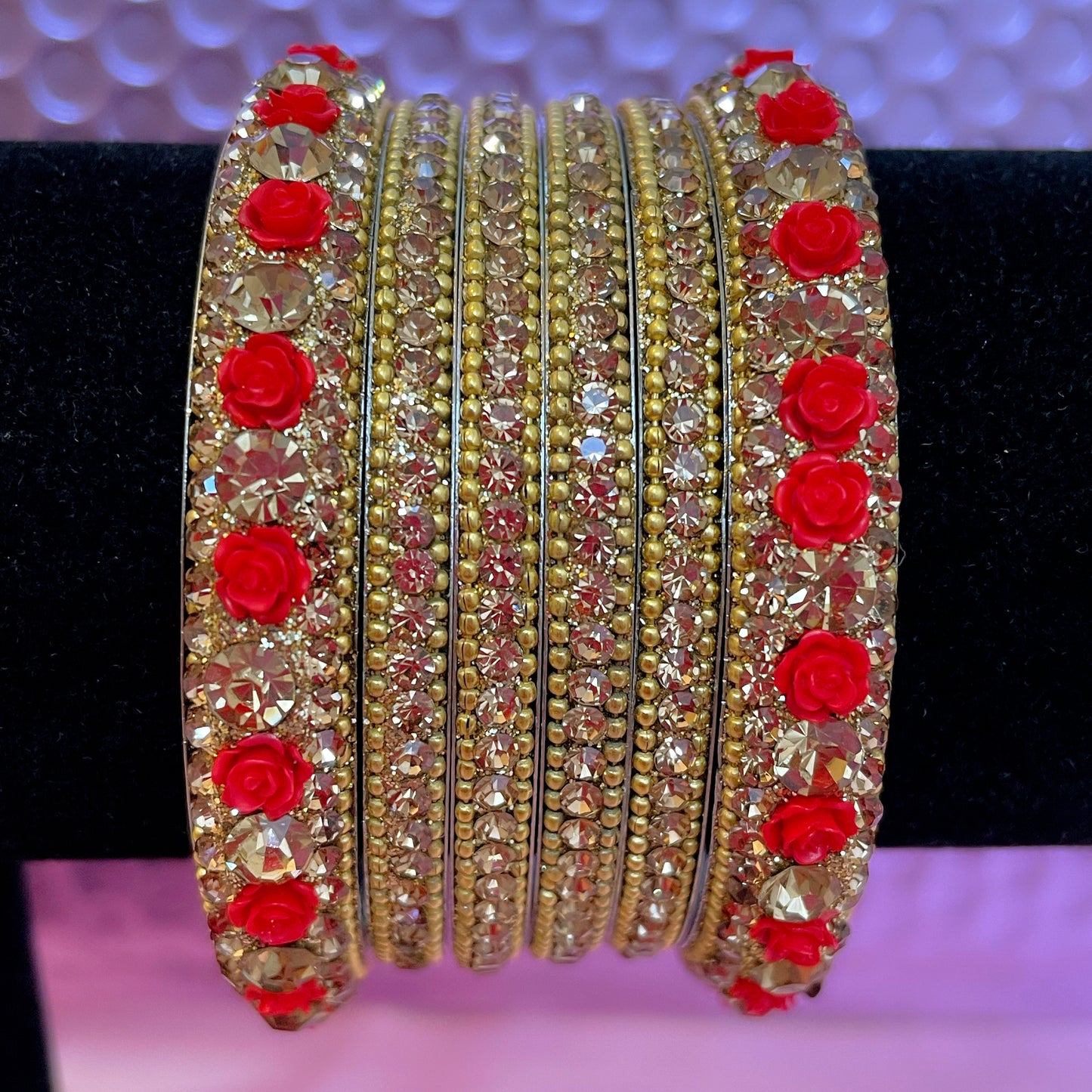 Red & Gold Flower Metal Bangle Set