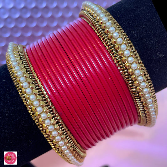 Red Pearl Metal Bangle Set