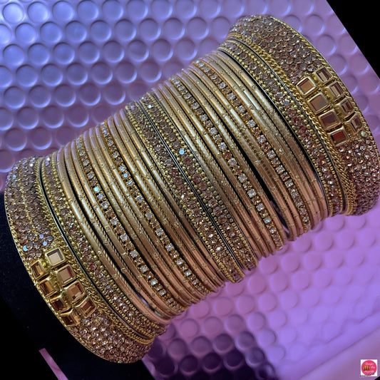 Kundan Zirconia Gold Metal Bangles Set- Size 2.10