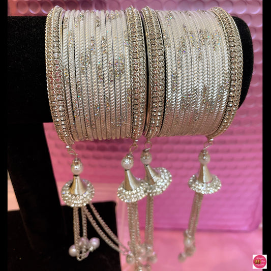 Silver Pearl Hanging Metal Bangle Set