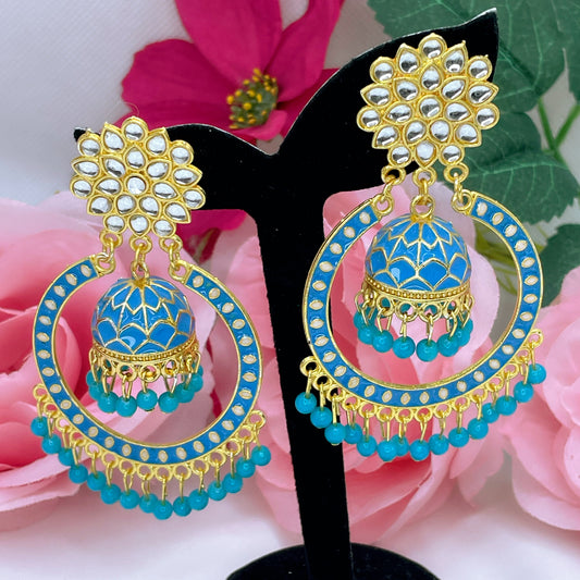 Aisha Kundan Statement Earings- Sky Blue/Firozi