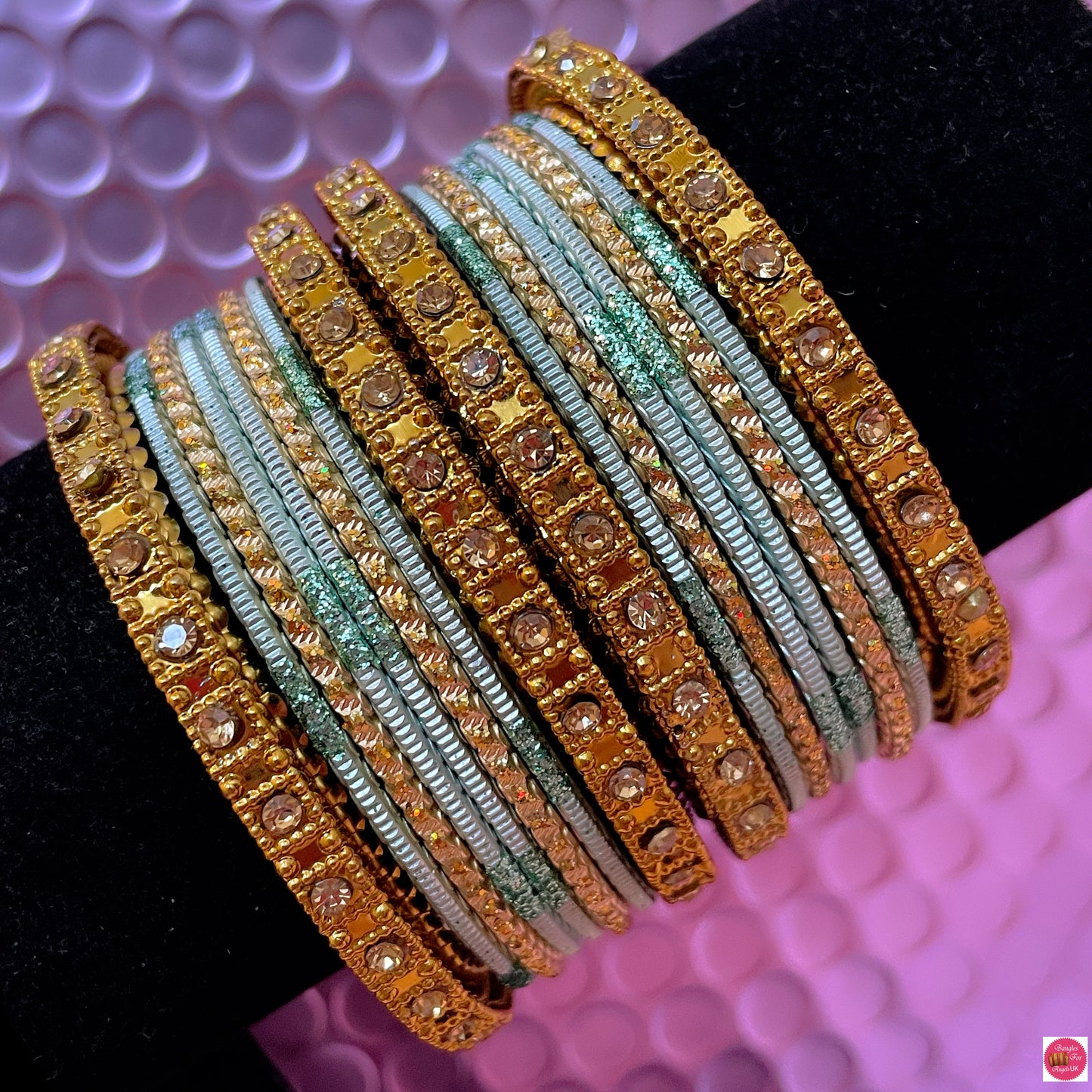 Gold Metal Bangles Set- Mint Green