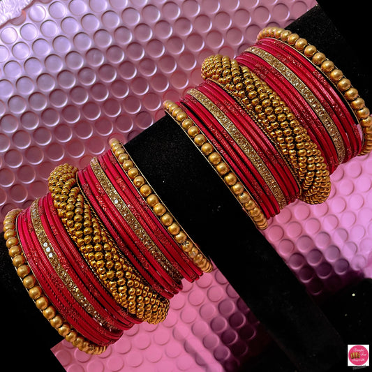 Gold Metal Bangles Set- Red