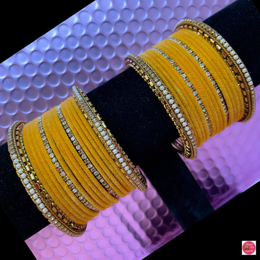 Gold/Zirconia Velvet Bangles Set- Yellow/Mustard