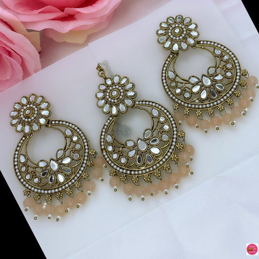 Kundan Maang Tikka & Earings Set- Peach