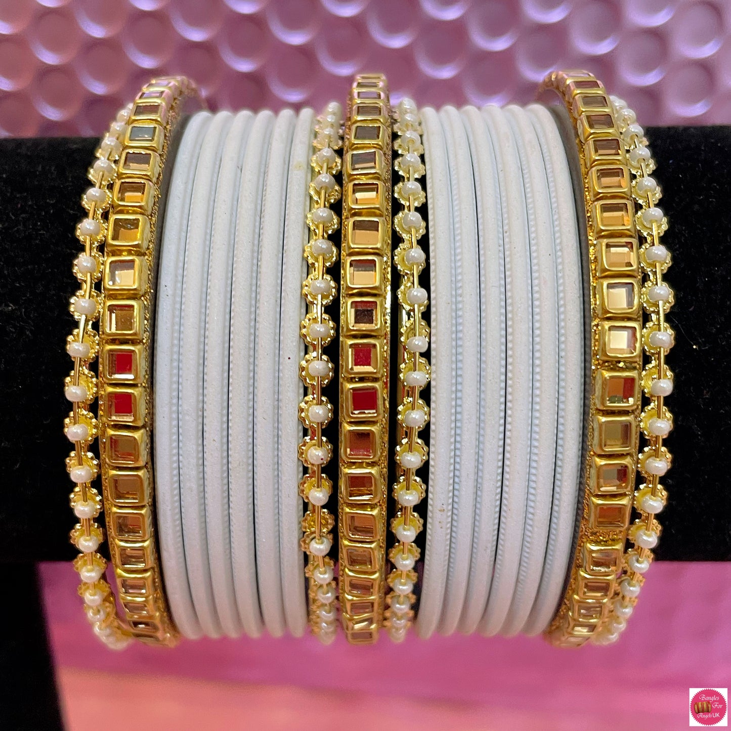 Pearl Kundan Metal Bangle Set- White