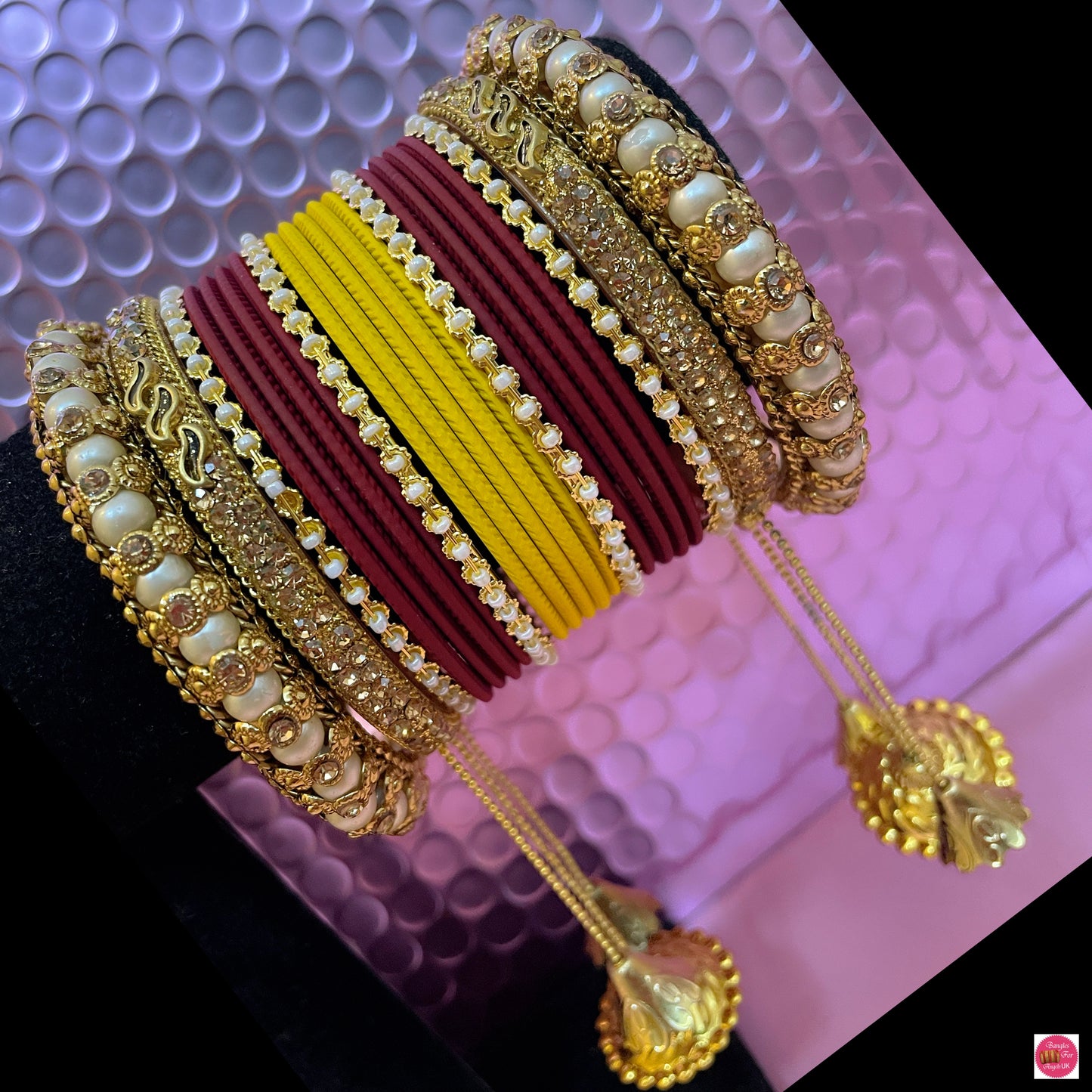 Pearl Hanging Metal Bangles Set- Maroon/Yellow