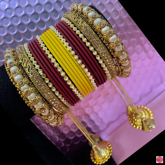 Pearl Hanging Metal Bangles Set- Maroon/Yellow