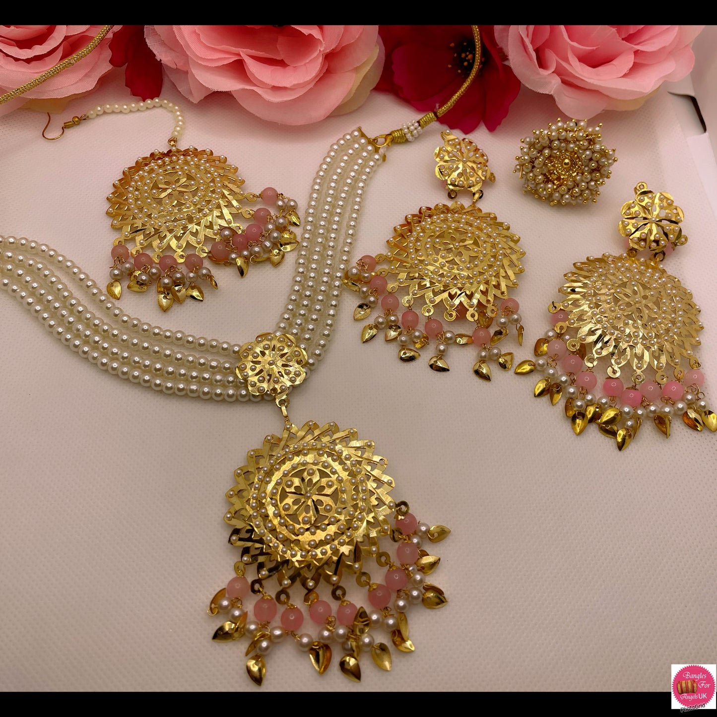 Pearl Jadau Necklace, Earings, Maang Tikka & Ring Set- Light Pink
