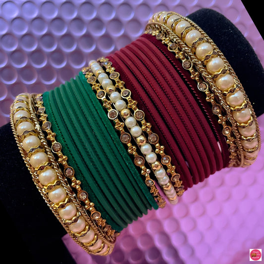 Pearl & Gold Metal Bangles Set- Maroon/Green