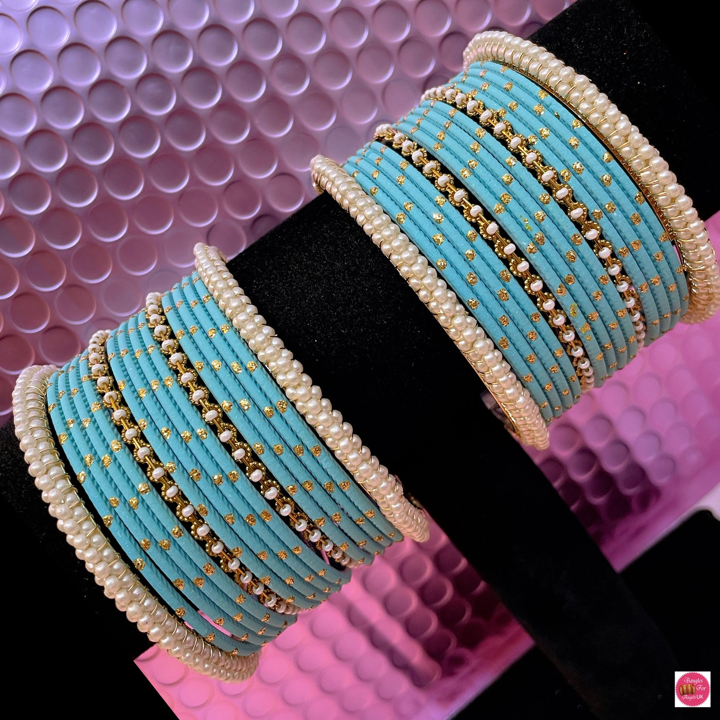 Pearl Metal Bangles Set- Sky Blue