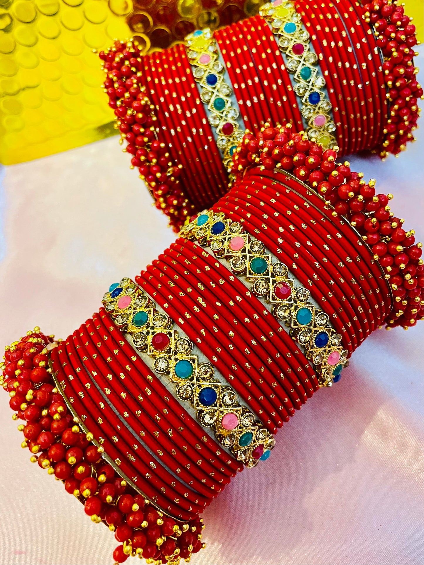 Red & Gold Beaded Metal Bangles Set