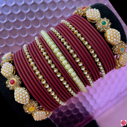 Pearl Metal Bangles Set- Maroon