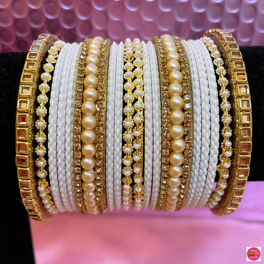 Kundan Pearl Metal Bangle Set- White