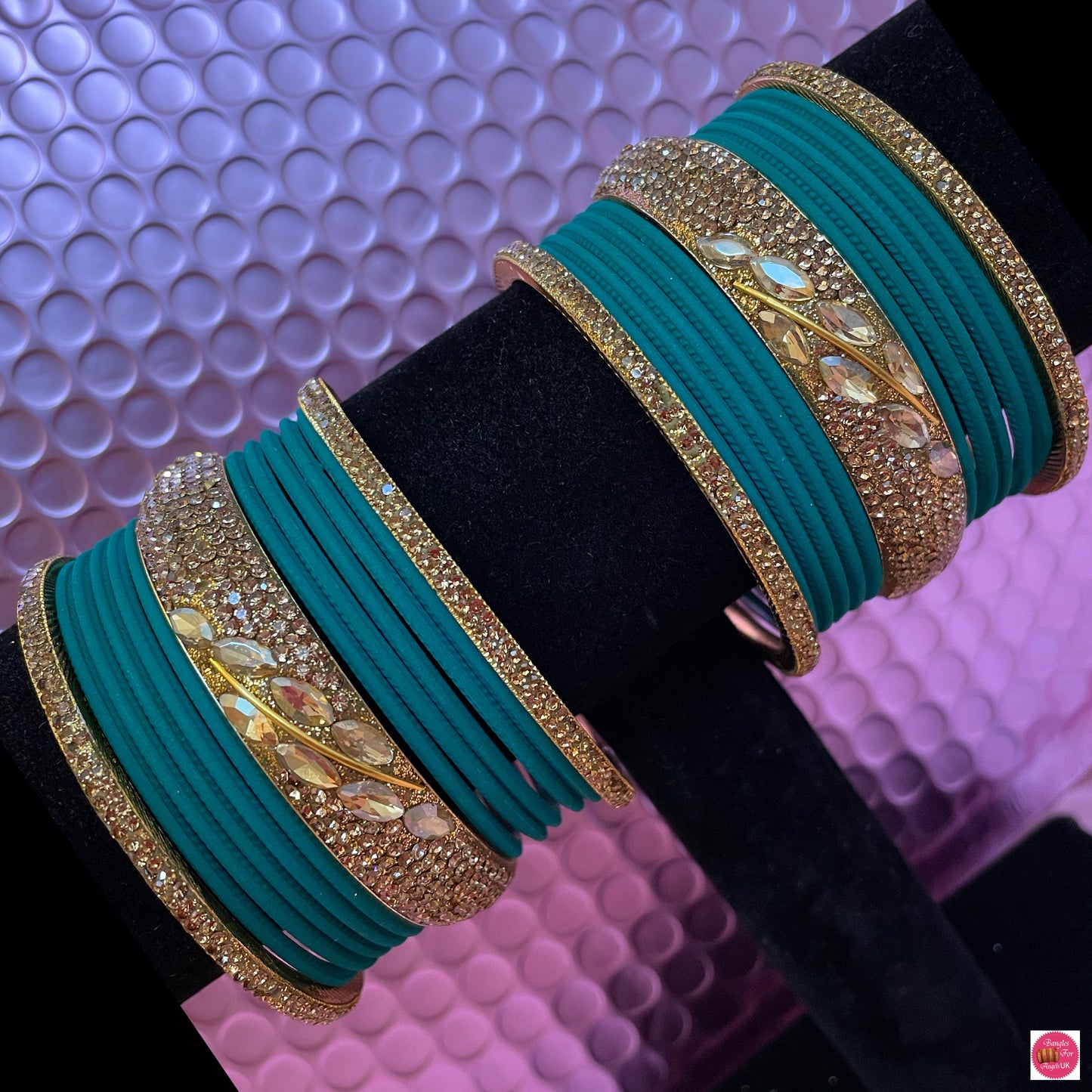 Zirconia Brass Metal Bangle Set- Teal