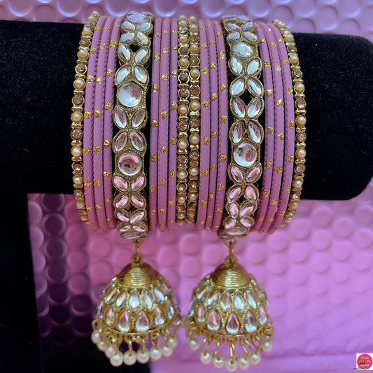 Kundan Gold Hanging Metal Bangles Set- Lilac