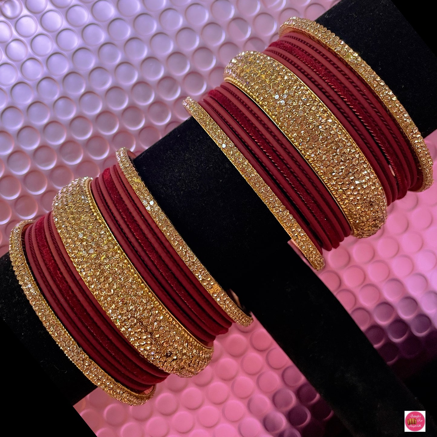 Gold & Maroon Zirconia Metal Bangles Set