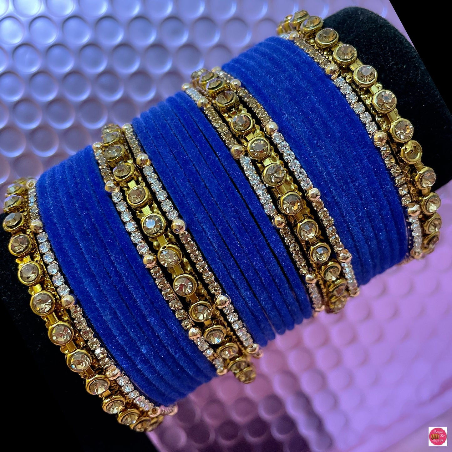 Gold Zirconia Velvet Metal Bangles Set- Blue