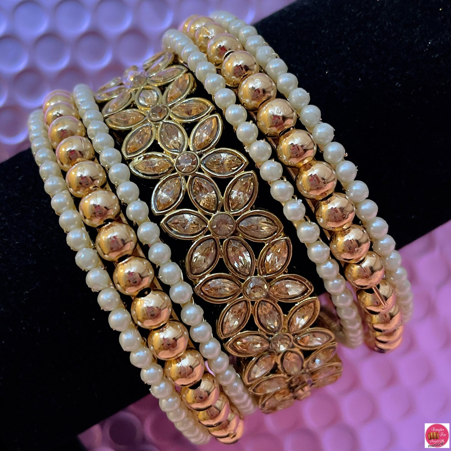 Kundan Pearl Metal Bangles Set